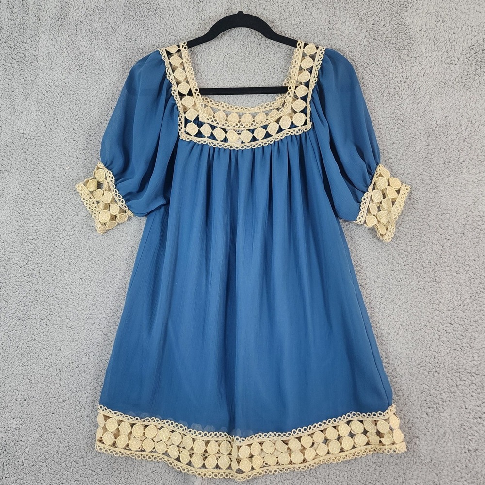 Kieu's Blue Tunic Blouse Sz S Gold Crochet Lace Metallic Festival Colorful Boho